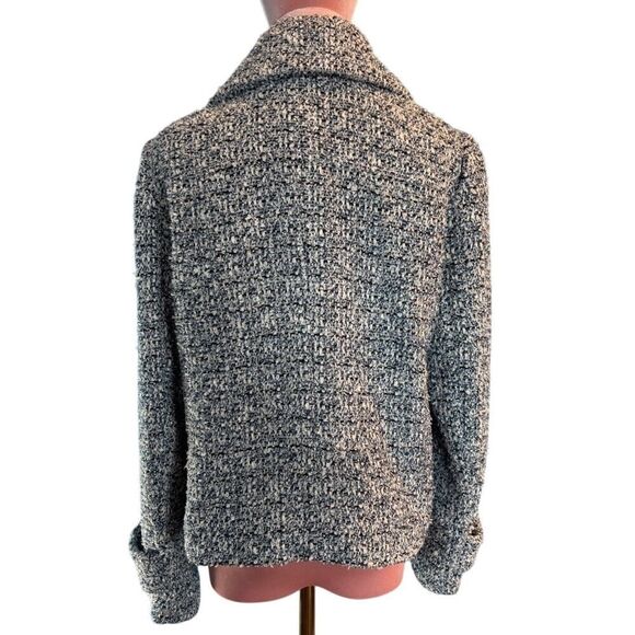 Chico's Boucle Jacket Blazer Open Front, 2 Zipper Pockets Blue White Lined 1 M 8 - Picture 3 of 9